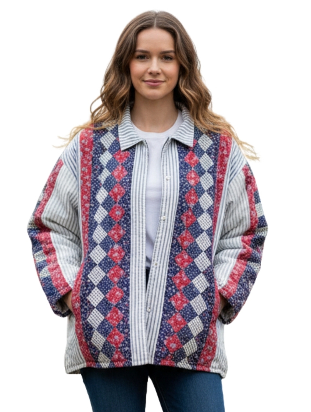 Striped & Diamond Quilted Bomber Jacket in Red, Blue & White